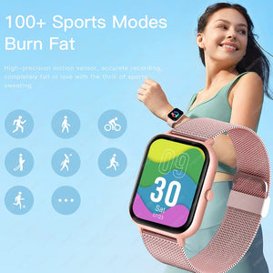 Bluetooth Call Smart Watch para Homens e Mulheres, Smartwatch, Freqüência Cardíaca, Sangue, Oxigênio, Assistente de Voz, 100 + Esportes